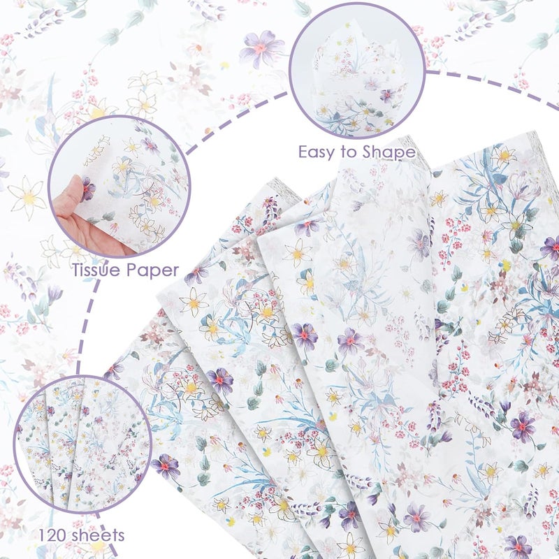 Ethanberg 120 Sheets Gift Wrapping Tissue Paper Bulk, Watercolor Wildflower Tissue Paper for Gift Bags, Vintage Floral Decorative Art Papers for DIY Crafts Wedding Birthday Holiday Party Decor, 20x14 Inches - Image 3